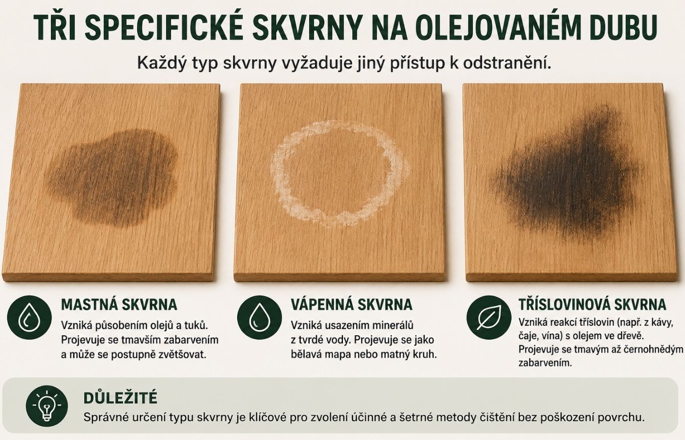 Mastná, vápenná a tříslovinová skvrna na třech stejných dubových vzorcích